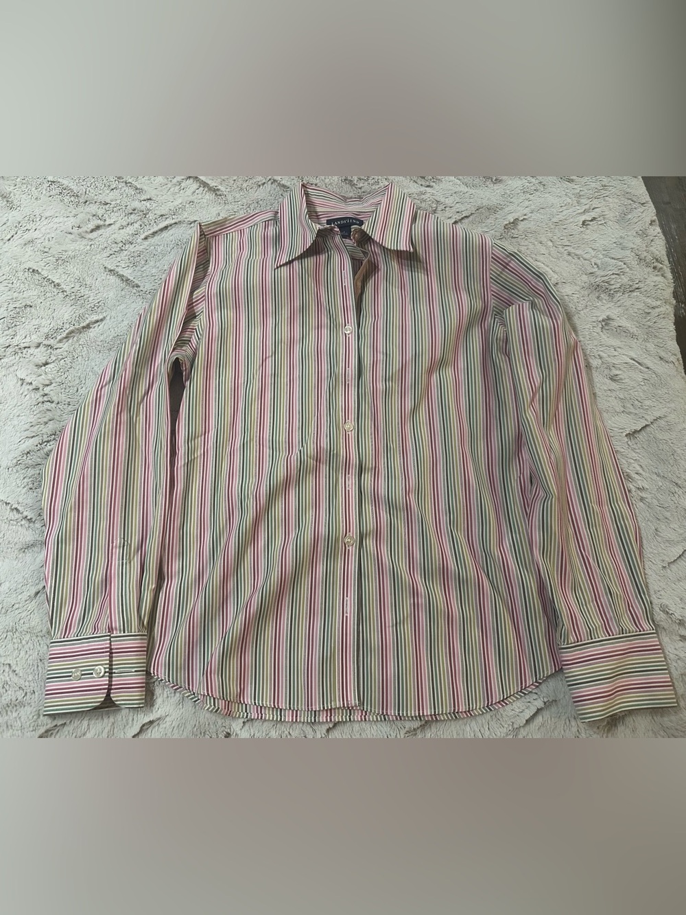 Lands' End Striped Cotton Button Down in Pink & Green Size 6